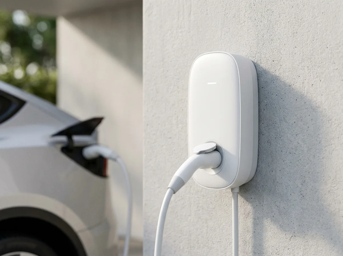 Close-up of a wall-mounted EV charger and its cable gland.